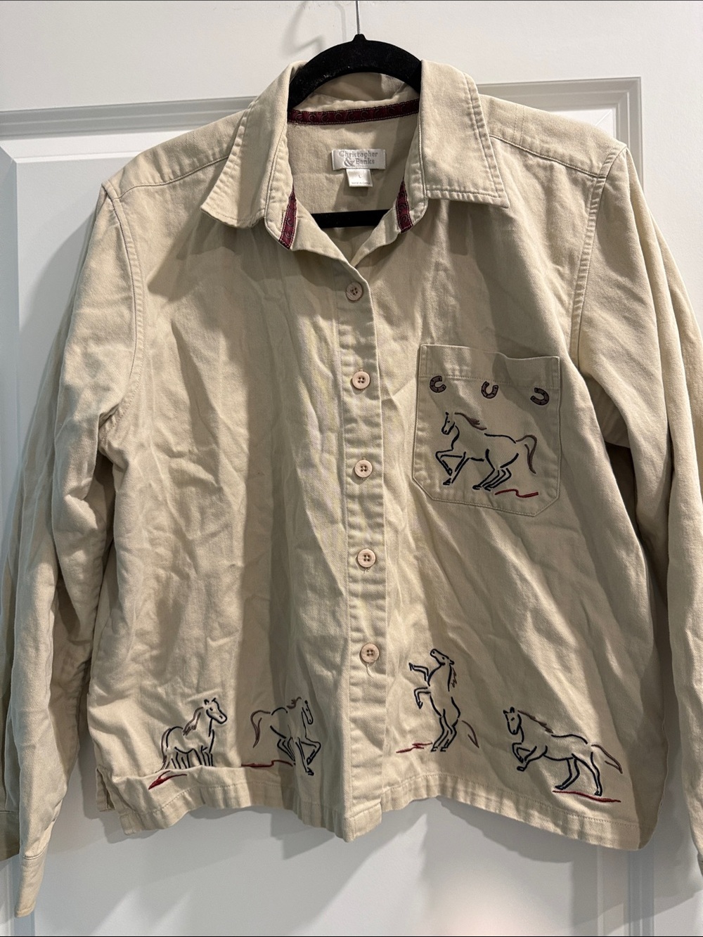 Christopher & Banks Beige Embroidered Horse shirt Jacket sz l vintage